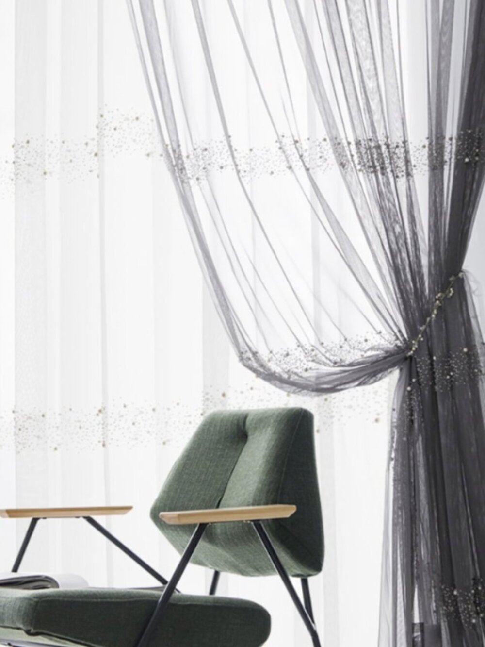 Custom made Embroidered Pearl shimmer grey Sheer Curtain large 2 panels 74" x99"